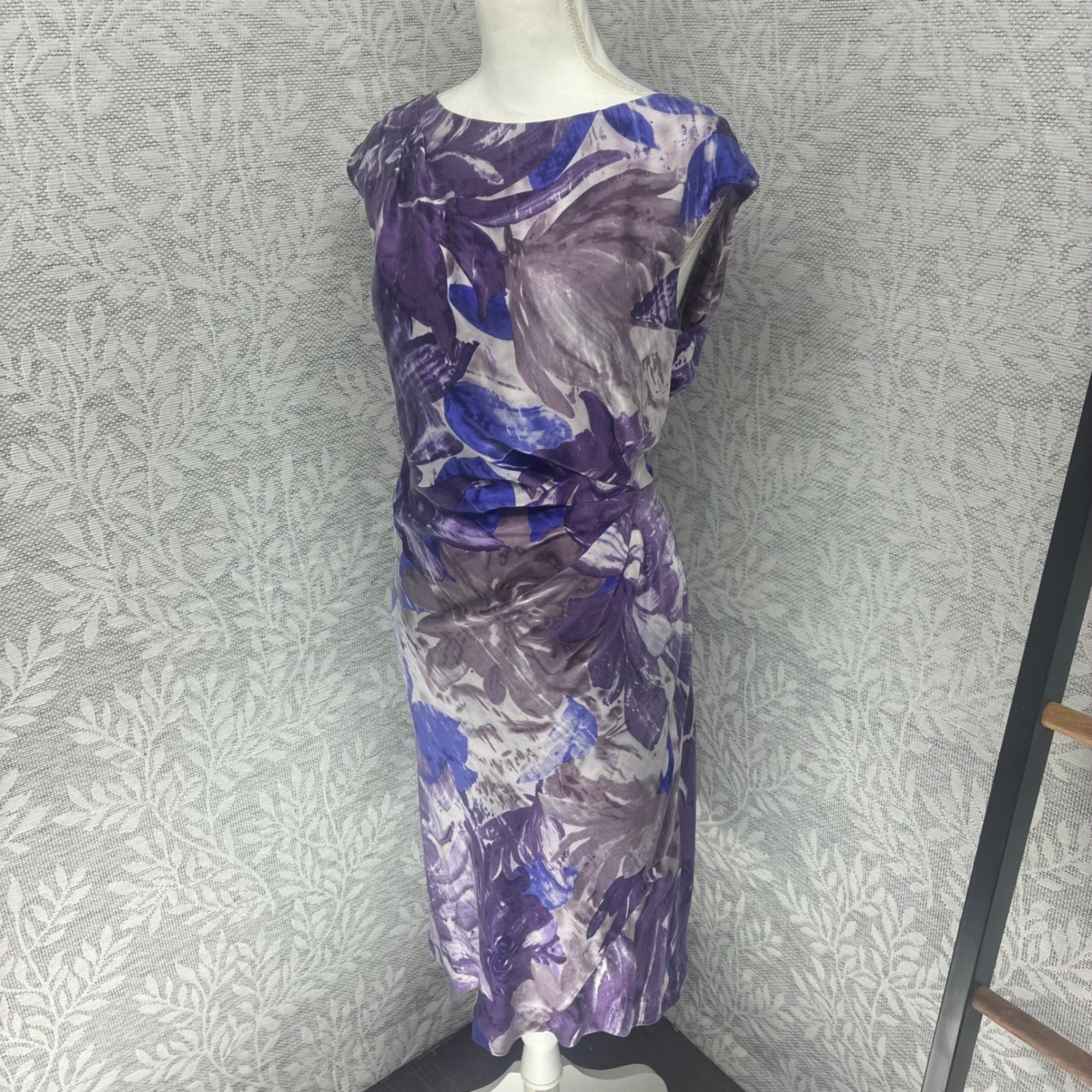 Suzi Chin Silk Dress 14 Purple Floral Abstract Ruched Designer Luxury Cocktail
